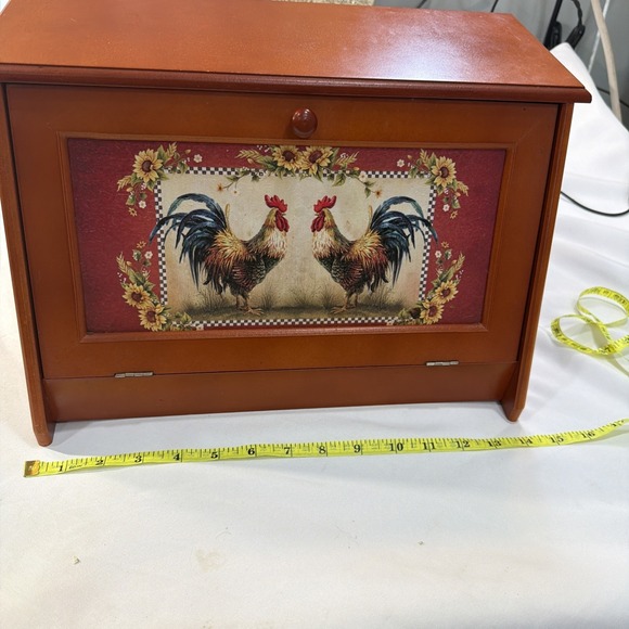 VINTAGE COLLECTIONS INC 14x10 ROOSTER DIASY FLOWERS WOODEN STORAGE BREAD BOX 1 - Picture 4 of 7